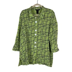Ali Miles Artsy Abstract Geometric Button Up Tunic Top Green Maximalist Size XL